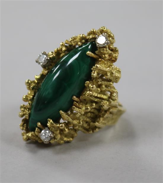 An early 1970s 18ct gold, diamond and malachite dress ring, size L.